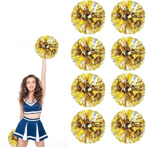 8pcs Metallic Cheerleading Pom Poms, Cheerleader Poms mit Schlägergriff, für Schule Tanz Sport Team Geist Jubeln (Gold und Silber) von AQYSHU