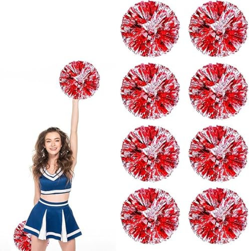 8pcs Metallic Cheerleading Pom Poms, Cheerleader Poms mit Schlägergriff, für Schule Tanz Sport Team Geist Jubeln (Rotes Silber) von AQYSHU