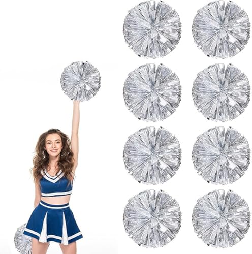 8pcs Metallic Cheerleading Pom Poms, Cheerleader Poms mit Schlägergriff, für Schule Tanz Sport Team Geist Jubeln (Silber) von AQYSHU