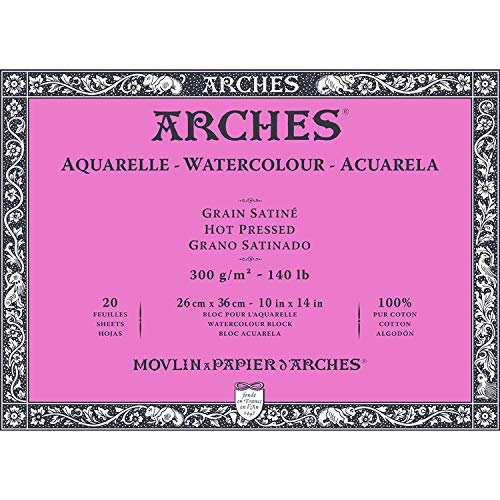 ARCHES A1795073 Aquarelle 100% Satin 300g Block verleimt 4L 26x36 20 Blatt Naturweiß, Papier, weiß, stück von ARCHES