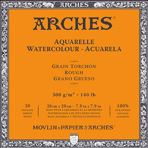 ARCHES A1795084 Aquarelle 100% dick, 300 g, verleimt, 4 l, 20 Blatt, naturweiß, Baumwolle, Papier, Blanco, 20x20, stück von ARCHES