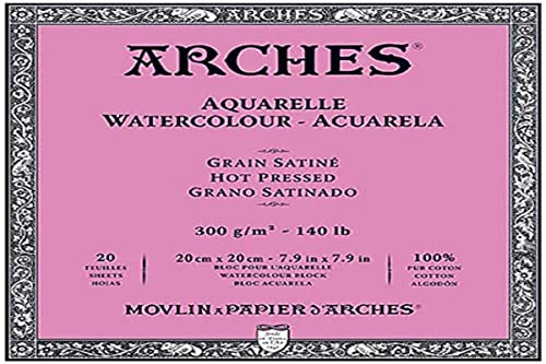 ARCHES Aquarelle – Block mit 20 Blatt 20 x 20 cm, 4 Seiten geleimt – 300 g/m² – satinierte Körnung, naturweiß, 4 Kanten von ARCHES