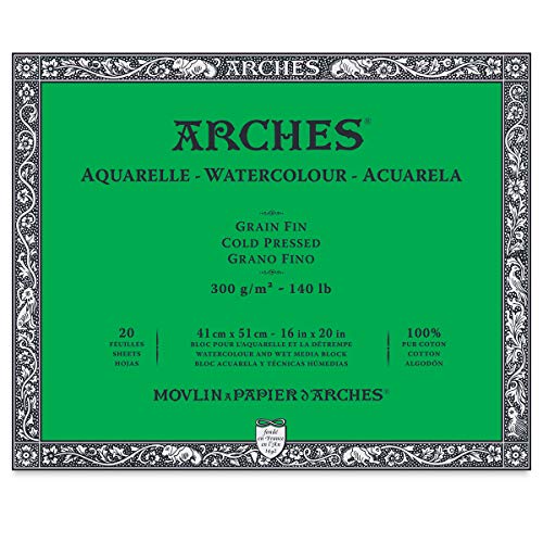 Arches 1711602 Aquarell Block, 20 Blatt Aquarellpapier in Naturweiß, 300g/m², hohe Farbechtheit, Alterungsbeständigkeit, Feinkorn, 41 x 51cm von ARCHES