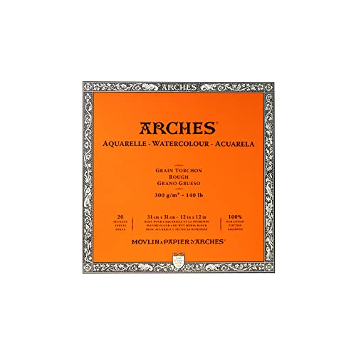 Arches 1711609 Aquarell Block, 20 Blatt Aquarellpapier in Naturweiß, 300g/m², hohe Farbechtheit, Alterungsbeständigkeit, Grobkorn, 31 x 31cm von ARCHES