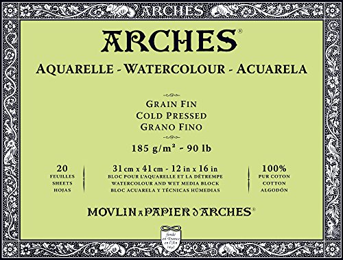 Arches 1795055 Aquarellpapier im Block (31 x 41 cm, 4-seitig geleimt, 185g/m² Feinkorn) 20 Blattnaturweiß von ARCHES