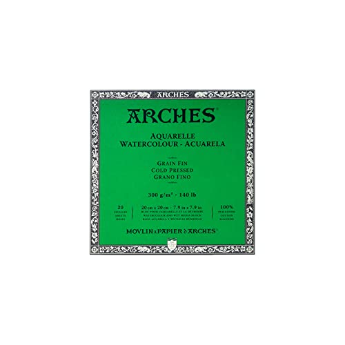 Arches 1795059 Aquarellpapier im Block (20 x 20 cm, 4-seitig geleimt, 300g/m² Feinkorn) 20 Blatt naturweiß von ARCHES