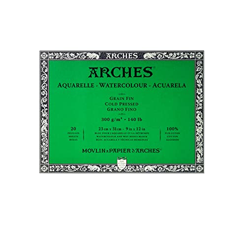 Arches 1795060 Aquarellpapier im Block (23 x 31 cm, 4-seitig geleimt, 300g/m² Feinkorn) 20 Blatt naturweiß von ARCHES