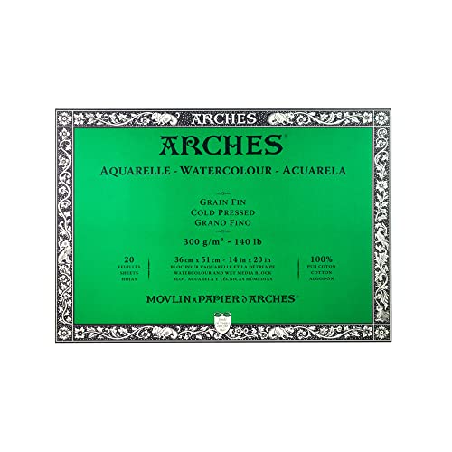 Arches 1795063 Aquarellpapier im Block (36 x 51 cm, 4-seitig geleimt, 300g/m² Feinkorn) 20 Blatt naturweiß von ARCHES