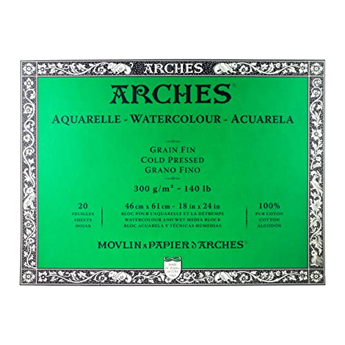 Arches 1795064 Aquarellpapier im Block (46 x 61 cm, 4-seitig geleimt, 300g/m² Feinkorn) 20 Blatt naturweiß von ARCHES