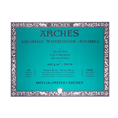 Arches 1795067 Aquarellpapier im Block (31 x 41 cm, 4-seitig geleimt, 640g/m² Feinkorn) 10 Blatt naturweiß von ARCHES