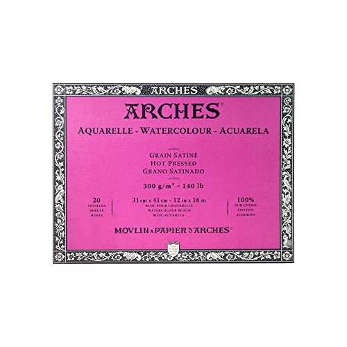 Arches 1795074 Aquarellpapier im Block (31 x 41 cm, 4-seitig geleimt, 300g/m² Satiniert) 20 Blatt naturweiß von ARCHES