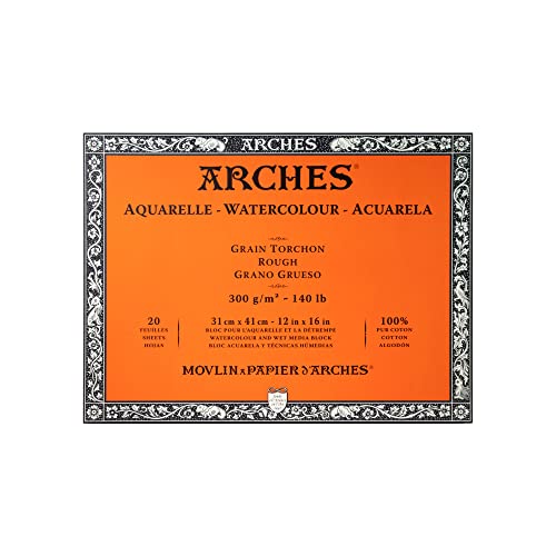 Arches 1795087 Aquarellpapier im Block (31 x 41 cm, 4-seitig geleimt, 300g/m² Grobkorn) 20 Blatt naturweiß von ARCHES