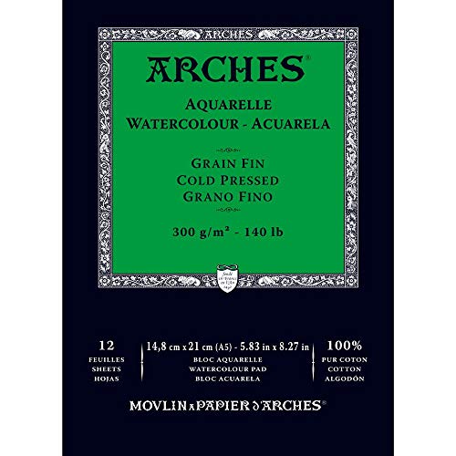 Arches 1795090 Aquarellpapier im Block (A5: 14,8 x 21 cm Kopfgeleimt 300g/m² Feinkorn) 12 Blatt naturweiß von ARCHES