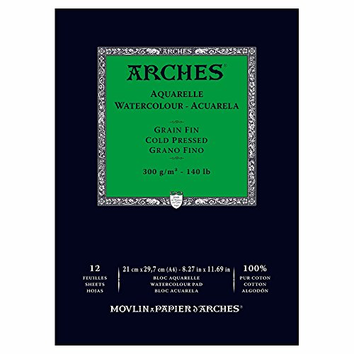 Arches 1795091 Aquarellpapier im Block (A4: 21 x 29,7 cm Kopfgeleimt 300g/m² Feinkorn) 12 Blatt naturweiß von ARCHES