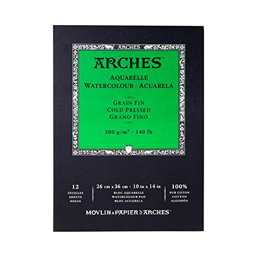 Arches 1795093 Aquarellpapier im Block (26 x 36 cm, Kopfgeleimt, 300g/m² Feinkorn) 12 Blatt naturweiß von ARCHES