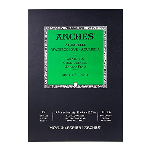 Arches 1795094 Aquarellpapier im Block (A3: 42 x 29,7 cm Kopfgeleimt 300g/m² Feinkorn) 12 Blatt naturweiß von ARCHES