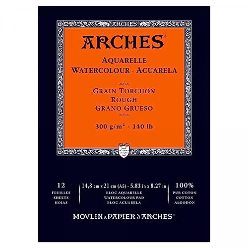 Arches 1795100 Aquarellpapier im Block (A5: 14,8 x 21 cm, Kopfgeleimt, 300g/m² Grobkorn) 12 Blatt naturweiß von ARCHES