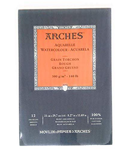 Arches 1795101 Aquarellpapier im Block (A4: 21 x 29,7 cm, Kopfgeleimt, 300g/m² Grobkorn) 12 Blatt naturweiß von ARCHES