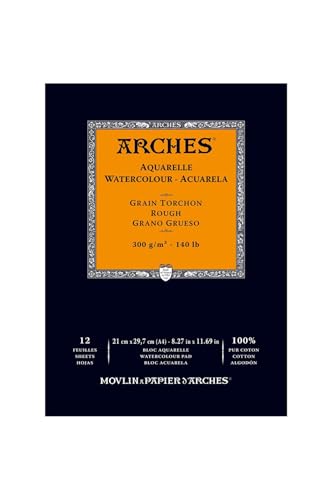 Arches 1795101 Aquarellpapier im Block (A4: 21 x 29,7 cm, Kopfgeleimt, 300g/m² Grobkorn) 12 Blatt naturweiß von ARCHES