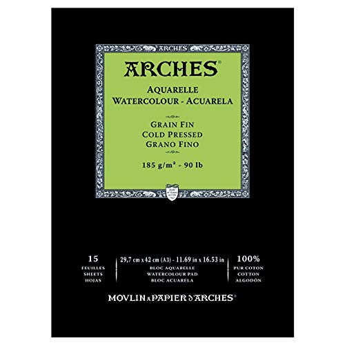 Arches 1795219 Aquarell Block kopfgeleimt 15 Blatt - A3, 185g/m² Feinkorn-Naturweiß für Wasserfarben, Acrylfarben und Gouache von ARCHES