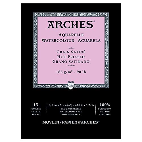 Arches 1795220 Aquarell Block kopfgeleimt 15 Blatt - A5, 185g/m² Satiniert-Naturweiß für Wasserfarben, Acrylfarben und Gouache von ARCHES