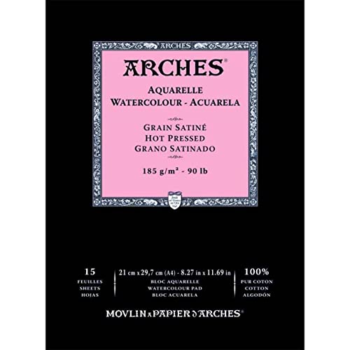 Arches 1795221 Aquarell Block kopfgeleimt 15 Blatt - A4, 185g/m² Satiniert-Naturweiß für Wasserfarben, Acrylfarben und Gouache von ARCHES