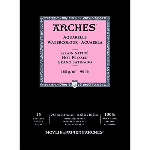 Arches 1795222 Aquarell Block kopfgeleimt 15 Blatt - A3, 185g/m² Satiniert-Naturweiß für Wasserfarben, Acrylfarben und Gouache von ARCHES