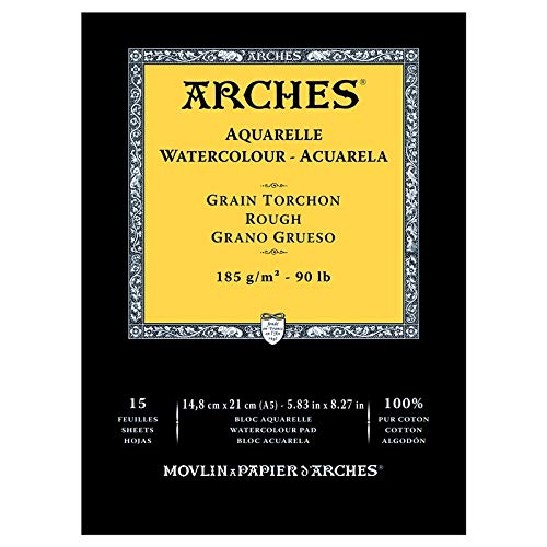 Arches 1795223 Aquarell Block kopfgeleimt 15 Blatt - A5, 185g/m² Grobkorn-Naturweiß für Wasserfarben, Acrylfarben und Gouache von ARCHES
