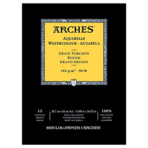 Arches 1795225 Aquarell Block kopfgeleimt 15 Blatt - A3, 185g/m² Grobkorn-Naturweiß für Wasserfarben, Acrylfarben und Gouache von ARCHES