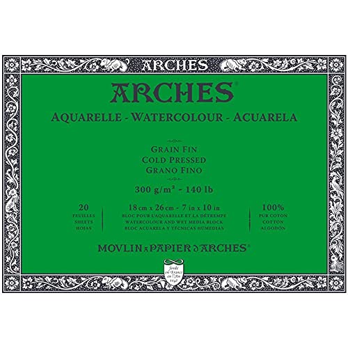 Arches A1795058 Aquarellpapierblock, 17,8 x 25,4 cm, 20 Blatt, 300 g/m², kaltgepresst, Weiß Arches A1795058 Aquarellpapierblock, 17,8 x 25,4 cm, 20 Blatt, 300 g/m², kaltgepresst, Weiß von ARCHES