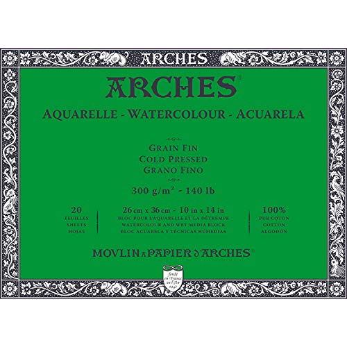 ARCHES Aquarelle – Block mit 20 Blatt 26 x 36 cm, 4 Seiten geleimt, 300 g/m², feine Körnung, naturweiß, 4 Kanten von ARCHES
