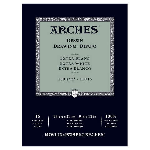 Arches Velin Bfk Rives Block, 16 Blatt, 23 x 31 cm, geklebt, 180 g/m², feine Körnung, extra weiß, 4 Kanten von ARCHES