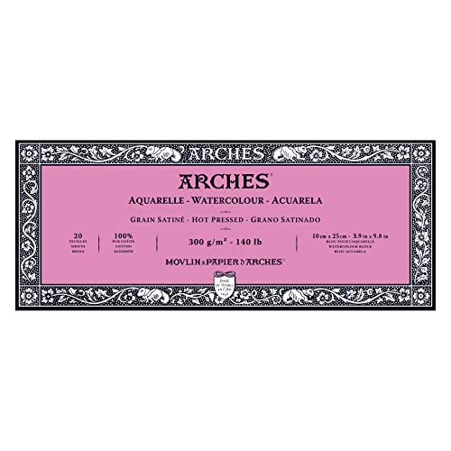 Arches A1795068 Block 20 Blatt Aquarell, Seidenkörnung, Naturweiß, 10 cm x 25 cm, 300 g/m² von ARCHES