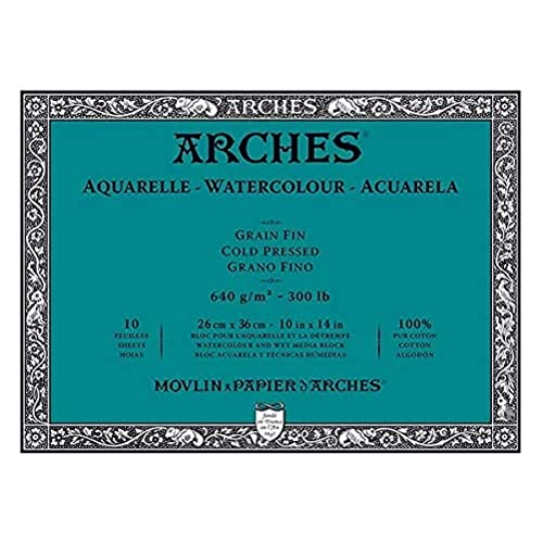 ARCHES Aquarelle – Block 10 Blatt 26 x 36 cm, 4 Seiten – 640 g/m² – Körnung, satiniert, Naturweiß, 4 Kanten von ARCHES