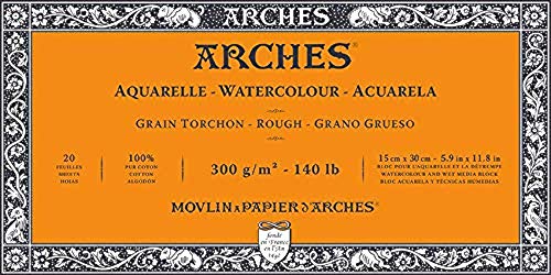 Block mit 20 Aquarellblättern (4 Seiten geklebt), 15 x 30 cm, 300 g/m², Körnung Geschirrtuch, naturweiß von ARCHES