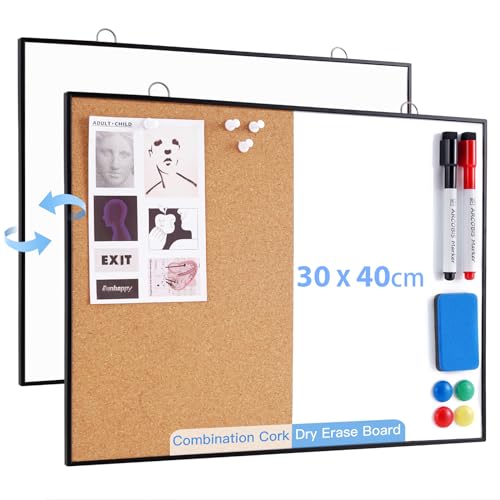 ARCOBIS Korktafel Whiteboard Kombination, 30X40cm Kleine Pinnwand für die Wand, Doppelseitiges Magnetisches Trockenabwisch-Korkboard, Vision-Whiteboard mit 2 Markern, 1 Radiergummi, 4 Pinnnadeln von ARCOBIS