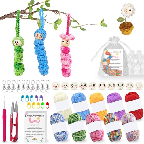 ARCPNRT 102 Stück Sorgenwürmchen Häkeln Set, 50 Holzperlen mit Gesicht, Ausgestattet mit Garn, Schlüsselanhänger, Kleiner Schnalle, Stricknadel, Karte, Mullbeutel, für DIY Häkeln, Glückswürmchen von ARCPNRT