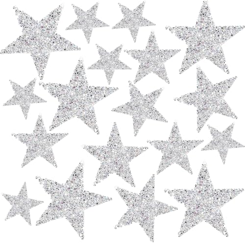 Bügelbilder Stern Patches, 18 Stück Bügelbilder Stern Patches zum Aufbügeln, Aufnäher Glitzer Strass Flicken, Fünfzackiger Aufnäher, für Jeans Kleidung Jacken Rucksäcke Hüte, Silber von ARCPNRT