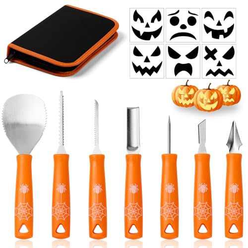 ARDFFA Kürbis Schnitzset Halloween, 7-teilig aus Edelstahl mit Schablonen & Aufbewahrungstasche – Profi-Werkzeug für gruselige Kürbisdekoration zu Halloween, ideal für Kinder, Familie und Partys von ARDFFA