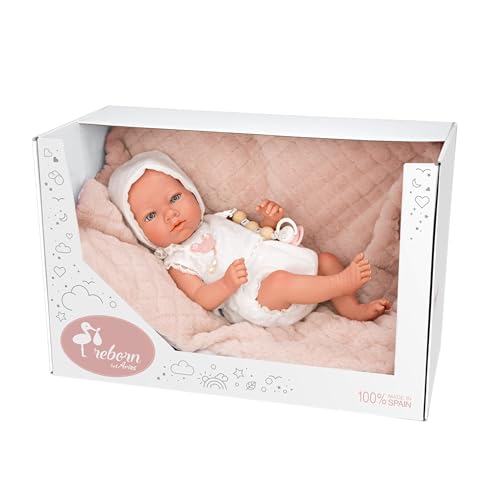 ARIAS - 38 cm Reborn Maitane Puppe mit rosa Decke, realistisches Baby mit weißer Kleidung, Schnuller und Schnuller, Ganzkörper aus Vinyl, Spielzeug für Jungen und Mädchen ab +3 Jahren (ARI98105) von Arias