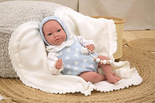 ARIAS - 40 cm Reborn Ian Puppe mit weißer Decke, Baby mit Vinylkörper, Blonder Pelz, weißer und rosa Kleidung, Schnuller und Schnuller, Spielzeug für Kinder ab +3 Jahren (ARI98142) von ARIAS