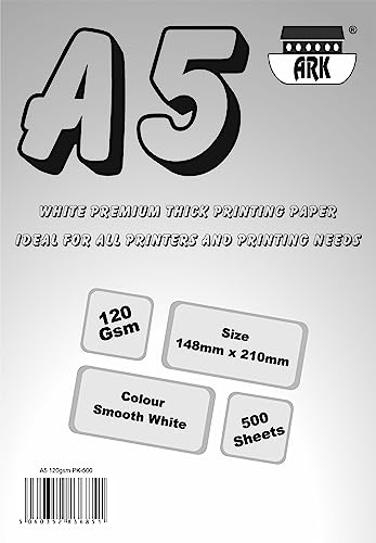 ARK Dickes Druckpapier, 120 g/m², für alle Drucker geeignet, A5, 500 Stück, Weiß ARK Dickes Druckpapier, 120 g/m², für alle Drucker geeignet, A5, 500 Stück, Weiß von ARK