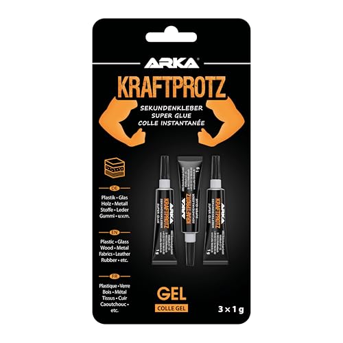 3x 1g Sekundenkleber extra stark - Inkl. Anti-Austrocknungs-Spitze - KRAFTPROTZ - Dickflüssiger Superkleber - Universell verwendbar zum Kleben von Plastik, Kunststoff, Glas, Holz, Stein, Metall uvm. von ARKA
