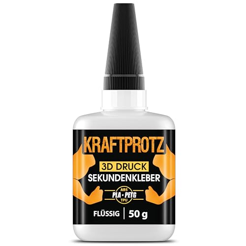 50 g 3D DRUCK Sekundenkleber extra stark - Inkl. Anti-Austrocknung-Spitze - KRAFTPROTZ - Flüssiger Superkleber - Wasserfest - PLA-Kleber, ABS-Kleber, PETG-Kleber & TPU-Kleber von ARKA