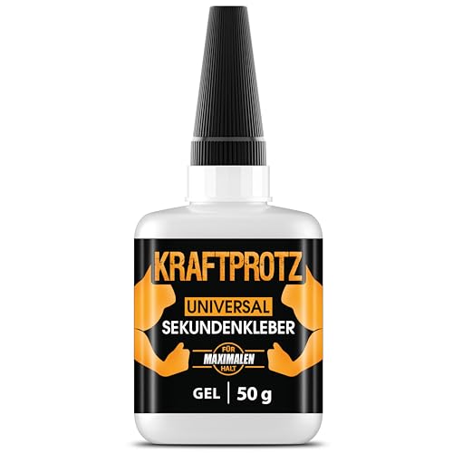 50 g Sekundenkleber extra stark - Inkl. Anti-Austrocknungs-Spitze - KRAFTPROTZ - Dickflüssiger Superkleber - Universell verwendbar zum Kleben von Plastik, Kunststoff, Glas, Holz, Stein, Metall uvm. von ARKA