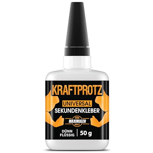50 g Sekundenkleber extra stark - Inkl. Anti-Austrocknungs-Spitze - KRAFTPROTZ - Dünnflüssiger Superkleber - Universell verwendbar zum Kleben von Plastik, Kunststoff, Glas, Holz, Stein, Metall uvm. von ARKA
