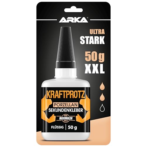 50 g Sekundenkleber für Keramik & Porzellan extra stark - flüssiger Porzellankleber, spülmaschinenfest, hitzebeständig & Verschluss gegen Austrocknung - Keramik, Porzellan Kleber - ARKA Kraftprotz von ARKA