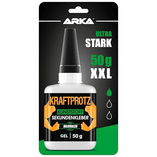 50 g Sekundenkleber für Kunststoff extra stark, wasserfest, hitzebeständig & Verschluss gegen Austrocknung - dickflüssiger Kunststoffkleber, Plastik Kleber für Kunststoff, Acrylglas - ARKA Kraftprotz 50 g Sekundenkleber für Kunststoff extra stark, wasserfest, hitzebeständig & Verschluss gegen Austrocknung - dickflüssiger Kunststoffkleber, Plastik Kleber für Kunststoff, Acrylglas - ARKA Kraftprotz von ARKA