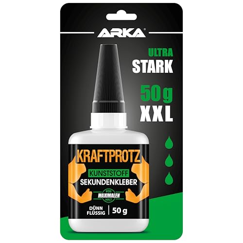 50 g Sekundenkleber für Kunststoff extra stark, wasserfest, hitzebeständig & Verschluss gegen Austrocknung - dünnflüssiger Kunststoffkleber, Plastik Kleber für Kunststoff, Acrylglas - ARKA Kraftprotz 50 g Sekundenkleber für Kunststoff extra stark, wasserfest, hitzebeständig & Verschluss gegen Austrocknung - dünnflüssiger Kunststoffkleber, Plastik Kleber für Kunststoff, Acrylglas - ARKA Kraftprotz von ARKA