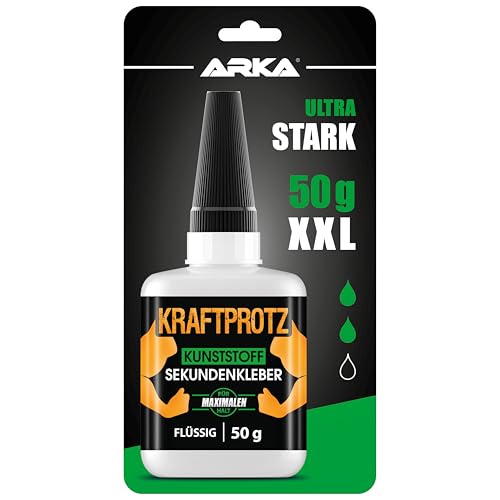 50 g Sekundenkleber für Kunststoff extra stark, wasserfest, hitzebeständig & Verschluss gegen Austrocknung - flüssiger Kunststoffkleber, Plastik Kleber für Kunststoff, Acrylglas - ARKA Kraftprotz von ARKA